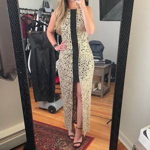 Belle Badgley Mischka Gold and Black High Neck Halter High Low Formal Dress